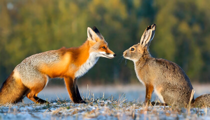 Fox and rabbit at night