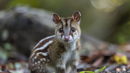 A baby quoll explores leaf litter on the forest floor, looking curious.