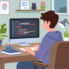flat design illustration of young programmer concept