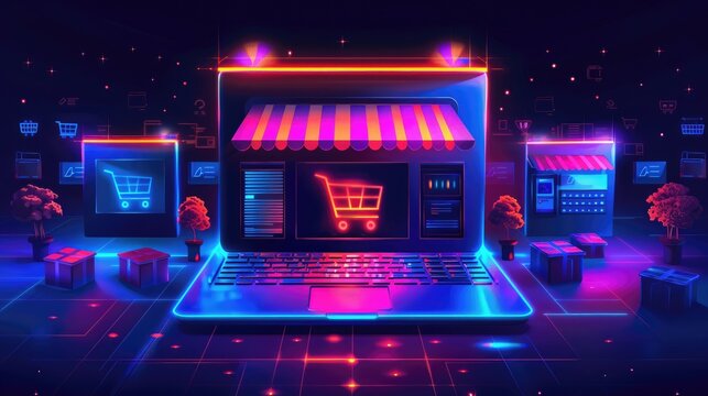 A neon-lit laptop screen showcasing a virtual storefront, indicative of online shopping and digital markets.
