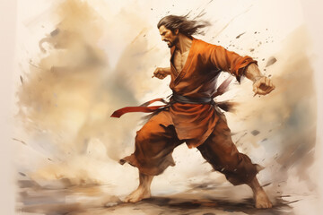 Monk martial artist in fighting pose. Watercolor sketch