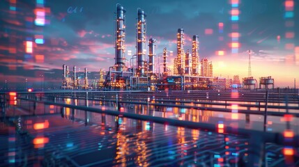 Fototapeta premium Illuminated industrial oil refinery with vibrant lights at twilight.