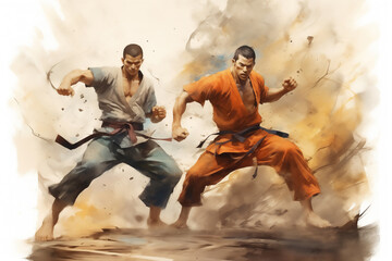 Two monks are martial artists in a fighting pose. Watercolor sketch - 750428317