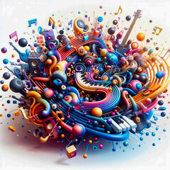 Dynamic Rhythm: Vibrant 3D Illustration Harmonizes Abstract and Musical Elements.