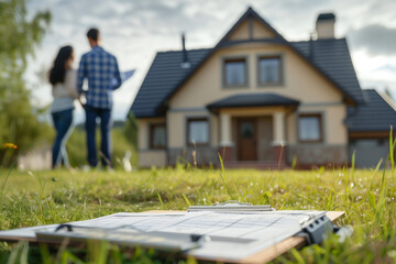 A real estate home buying checklist is depicted on a clipboard with a pen, while two couples are seen in the background, examining a house.