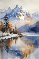 Watercolor painting of a reflective lake at sunset in the mountains.