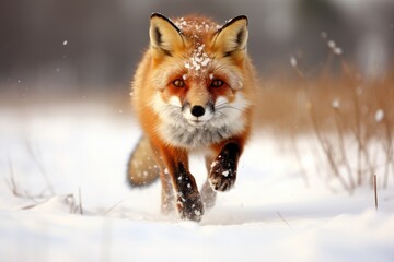 Lone red fox standing alert in a snowy winter field, Beautiful Red Fox in a snow-covered field...