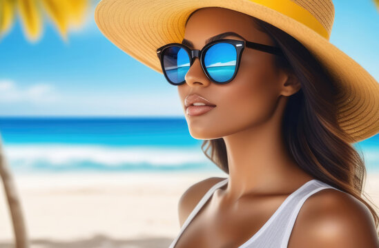 portrait of a tanned brunette girl, wearing a hat, sunglasses with blue mirror lenses, on the beach at sea