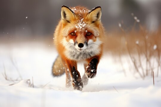 Lone red fox standing alert in a snowy winter field, Beautiful Red Fox in a snow-covered field hunting, late afternoon sunlight., Ai generated