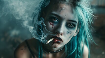 A punk woman portrait with smoke a cigarette, dark tone photography. - obrazy, fototapety, plakaty