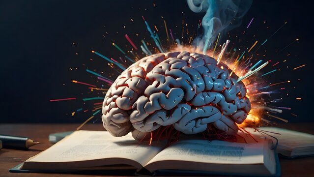 Knowlodge concept with a human brain reading a book
