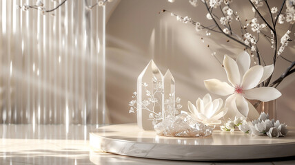 podium with flower and sea salt crystal cosmetic mock up , platform for product showcase .