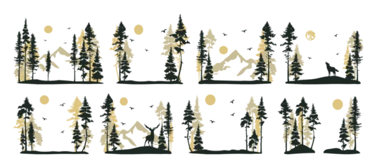 Rolgordijnen frame of tall pine trees and mountains vector © bleskk