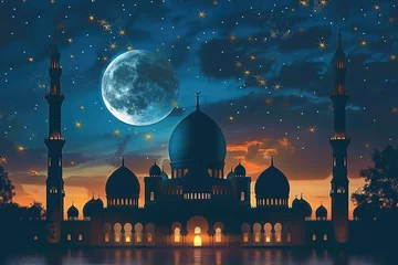 Papier Peint photo Lavable Blue nuit ramadan decoration and islamic watercolour  greeting card background with a mosque landscape