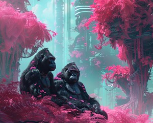 Cyber gorillas guarding a coral pink oasis, technology and nature intertwined, a glimpse into the future - obrazy, fototapety, plakaty