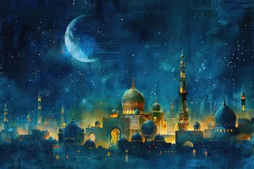 Poster ramadan decoration and islamic watercolour  greeting card background with a mosque landscape © NikahGeh