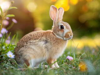 Fototapeta premium A rabbit in the grass with soft flowers, sunlight casting a warm glow behind it.