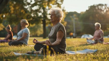 Happy retirement concept , group of happy retired people doing yoga session at park .