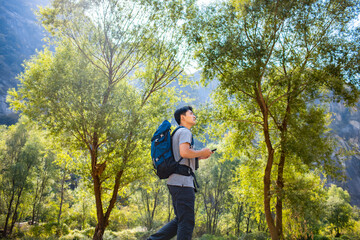 Young man hiking outdoors