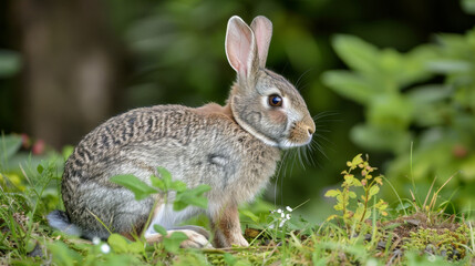 Naklejka na ściany i meble A watchful rabbit among green grass.