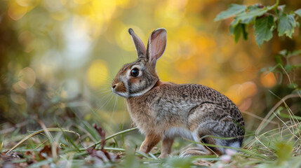 Naklejka na ściany i meble A rabbit in the grass, sunlight casting a warm glow behind it.