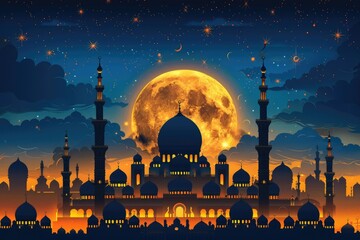 Obraz premium ramadan decoration and islamic watercolour greeting card background with a mosque landscape