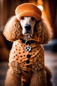 portrait of a standard poodle dog wearing a hat and sweater