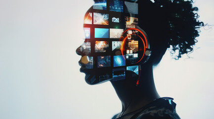 Silhouette of woman with VR headset displaying futuristic interface screens. Concept of Virtual Reality and Spatial Computing.