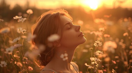 Fototapeta premium woman with serene face breathes among the flowers in the field, standing near a sunset, in the style of light amber and white. generative AI