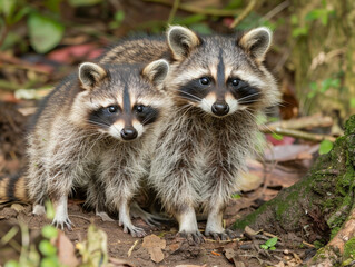 Naklejka na ściany i meble Two raccoon siblings side by side, their curious eyes captivate.