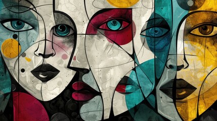 Creative fusion of abstract black and white cubist faces with lively splatters of teal, maroon, blue, yellow and purple, vibrant artistic illustration