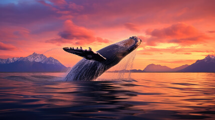 Seascape with Whale tail. The humpback whale big tail dripping with water