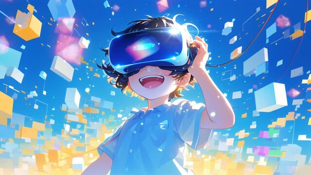 An adorable and lively animation of a little child using virtual reality headset and exploring the metaverse. Virtual world background on anime style. Enchanted seamless loop 4k animation