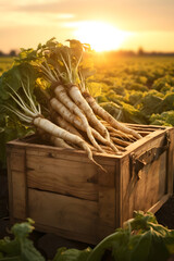 Horseradish root harvested in a wooden box with field and sunset in the background. Natural organic fruit abundance. Agriculture, healthy and natural food concept. Vertical composition.