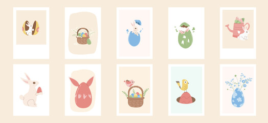 Fototapeta na wymiar Happy Easter posters set templates. Rabbit with eggs, flowers vertical banners. Spring holiday greeting cards collection. Vector flat collection illustration