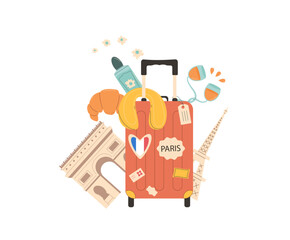 Travel France concept. Tourism to Paris elements isolated on white background. Suitcase and symbols of country. Trip to Europe weekend vacation. Vector flat illustration