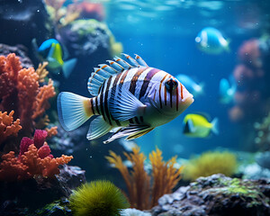 Naklejka na ściany i meble Tropical fish swimming in the aquarium. Underwater world.
