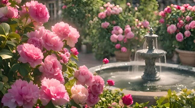 Abstract animation of a backyard garden with peonies and a fountain. Summer, beauty, aroma, nature, romance, painting, bloom, countryside, bouquet, calm, fresh flowers. Generated by AI