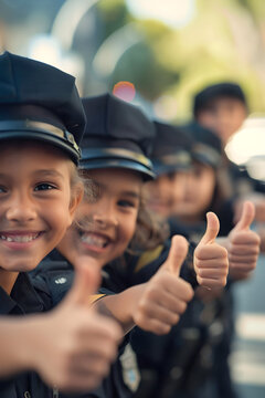 Group of children smiling, having thumbs up doing their dream job as Police Officers standing in the street with traffic. Concept of Creativity, Happiness, Dream come true and Teamwork.