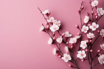 Cherry blossom branch on pink blurred background - beautiful spring floral composition in nature