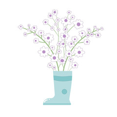 Blue rubber boot with flowers bouquet. Floral summer composition. Vector illustration isolated on white background