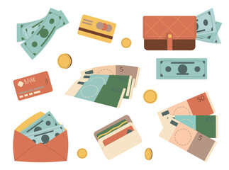 Money set isolated on white background. Financial collection. Banknotes, credit card, coin purse