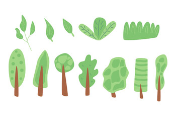 Trees doodle set. Forest elements collection. Plant bushes, grass summer garden. Vector flat