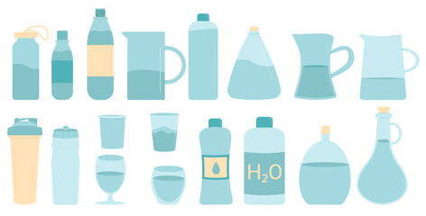 Water in different containers set isolated on white background. Bottles, sport shaker, glasses and cup fresh clean beverages sparkling and still. Stay hydrated elements. Vector flat illustration