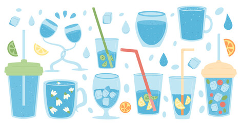 Water glasses set isolated on white background. Fresh clean and aroma drinks. Aqua beverages with sparkling and fruit berry herbal and cucumber. Stay hydrated. Liquid balance. Vector flat illustration