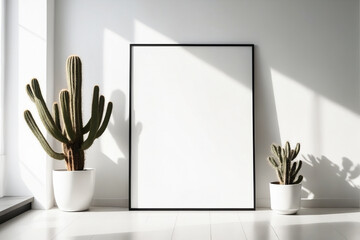 Close up bright modern white room interior background with white blank portrait poster space leaning on white wall background by cactus plant - Mockup - obrazy, fototapety, plakaty