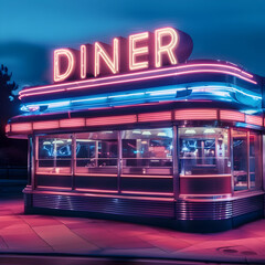 A 1950's retro diner with a neon sign 