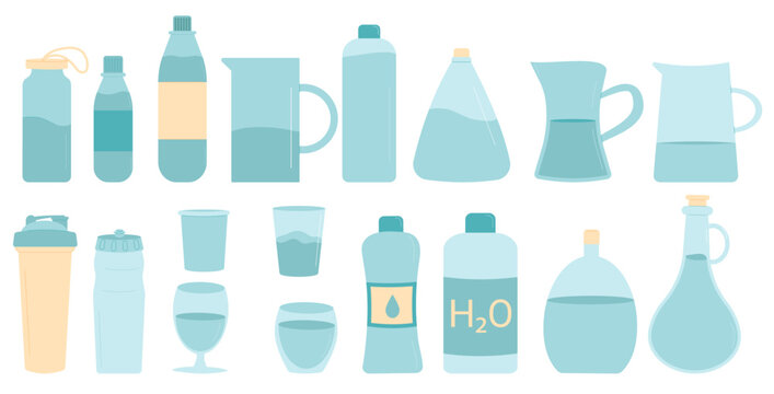 Water in different containers set isolated on white background. Bottles, sport shaker, glasses and cup fresh clean beverages sparkling and still. Stay hydrated elements. Vector flat illustration