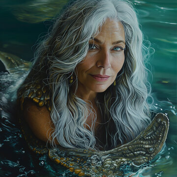 middle aged mermaid with gray hair in the sea