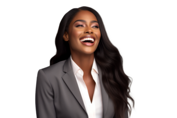 Portrait of beautiful African American Business woman wearing suit and shirt posing with smart and confidence isolated on transparent png background.